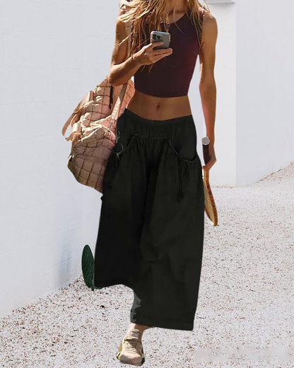 Hose Elastische Taille Tasche Weites Bein