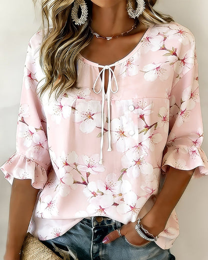 Bluse Kirschblütenprint Krawatte