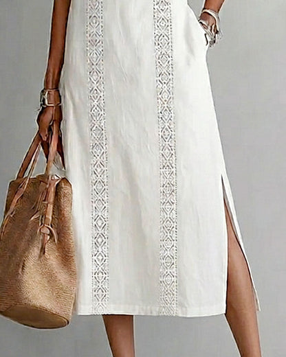 Kleid ärmellos Spitze Patchwork Leinen Baumwolle Midi