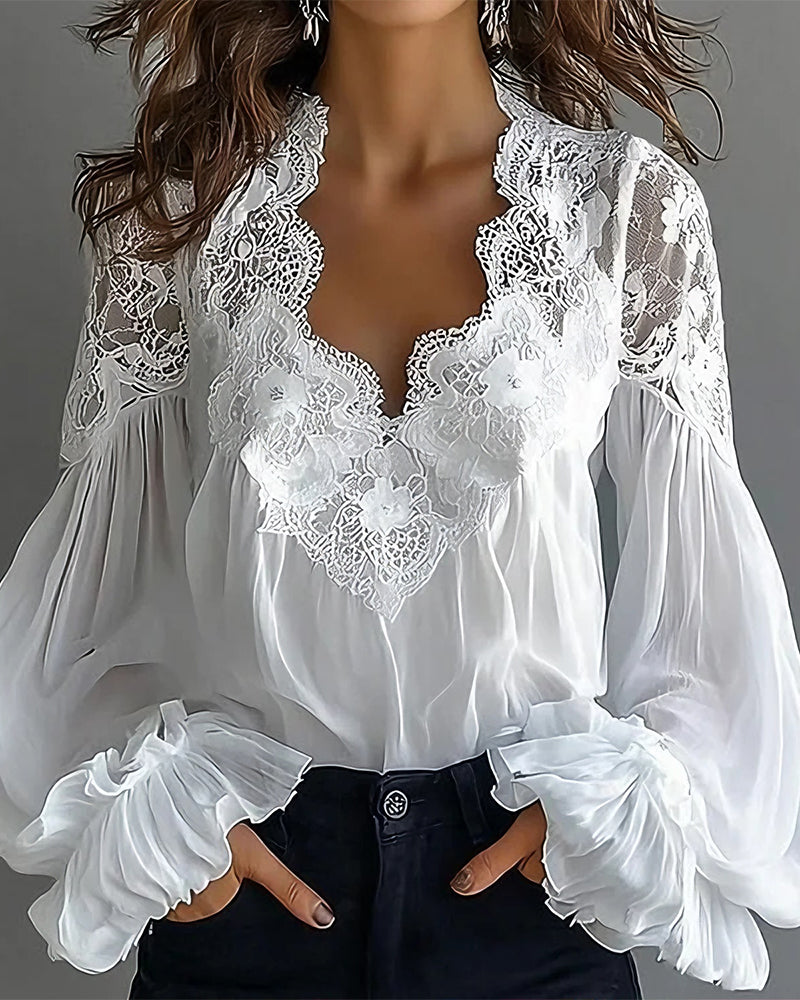 Bluse Spitze Patchwork V-Ausschnitt