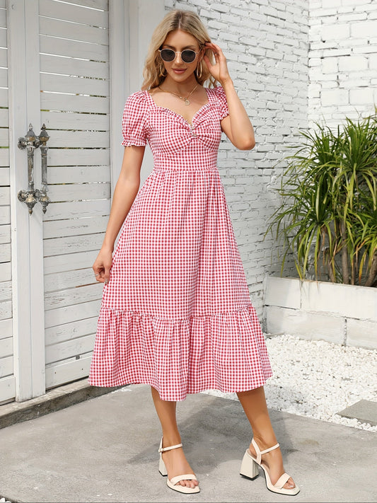 Red check dress with ruffles - Lena