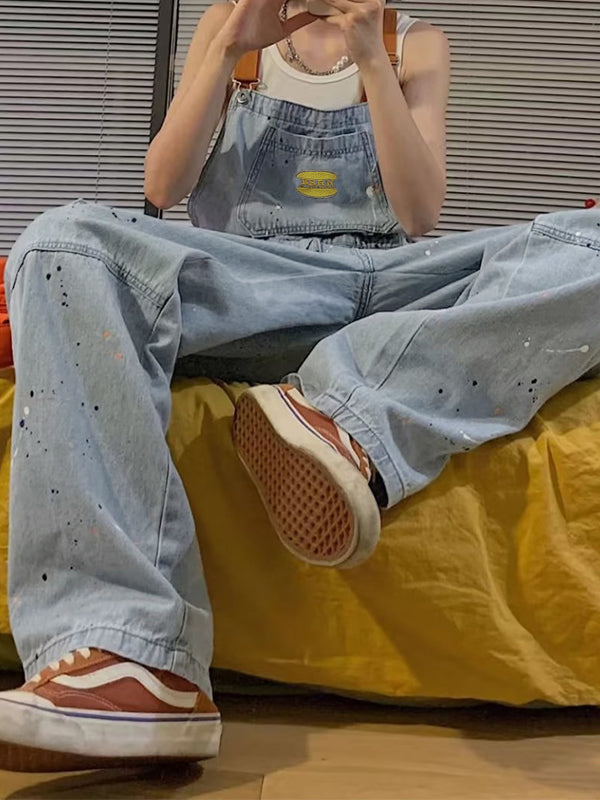Blauer Vintage Overall mit Großen Taschen und Splash Ink Print
