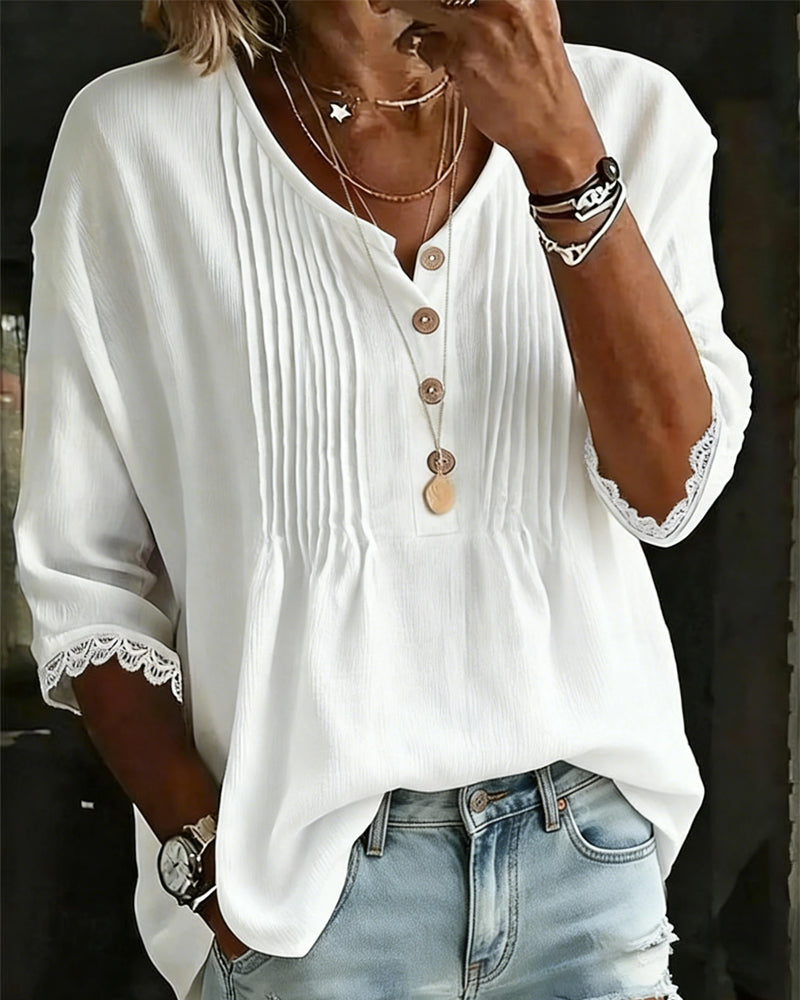 Bluse Plissiert Knopf Spitze Halbarm