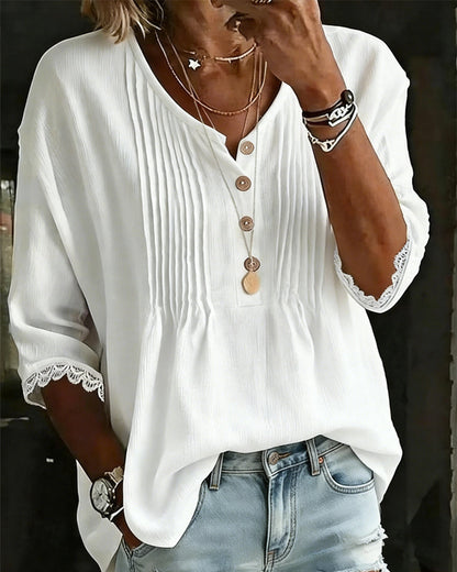 Bluse Plissiert Knopf Spitze Halbarm