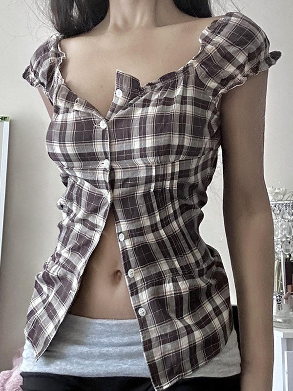 Braunes Vintage Karohemd mit Wickel Schulter und Quadrat Ausschnitt