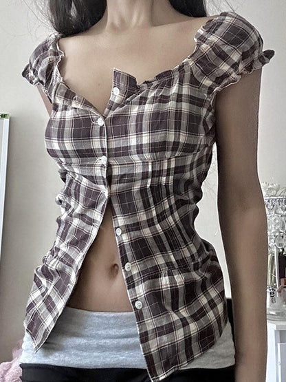 Braunes Vintage Karohemd mit Wickel Schulter und Quadrat Ausschnitt