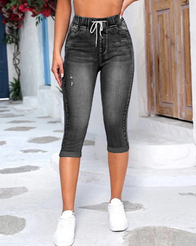 Jeans Kordelzug Hohe Taille Distressed