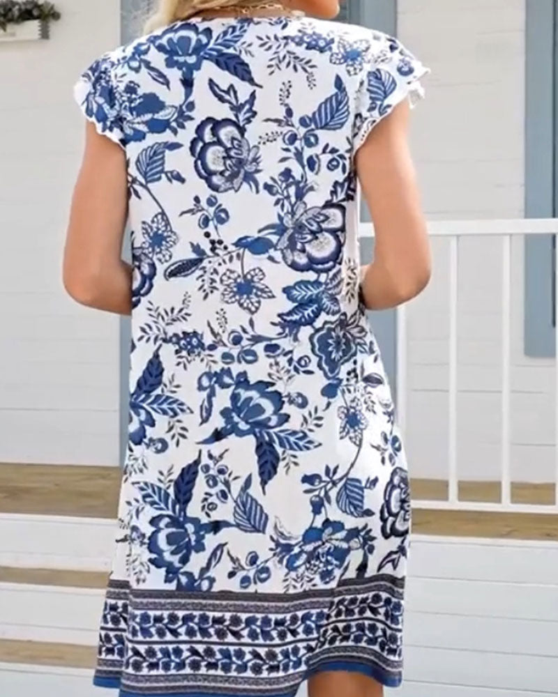 Kleid Blaues China-Muster V-Ausschnitt Kurzarm