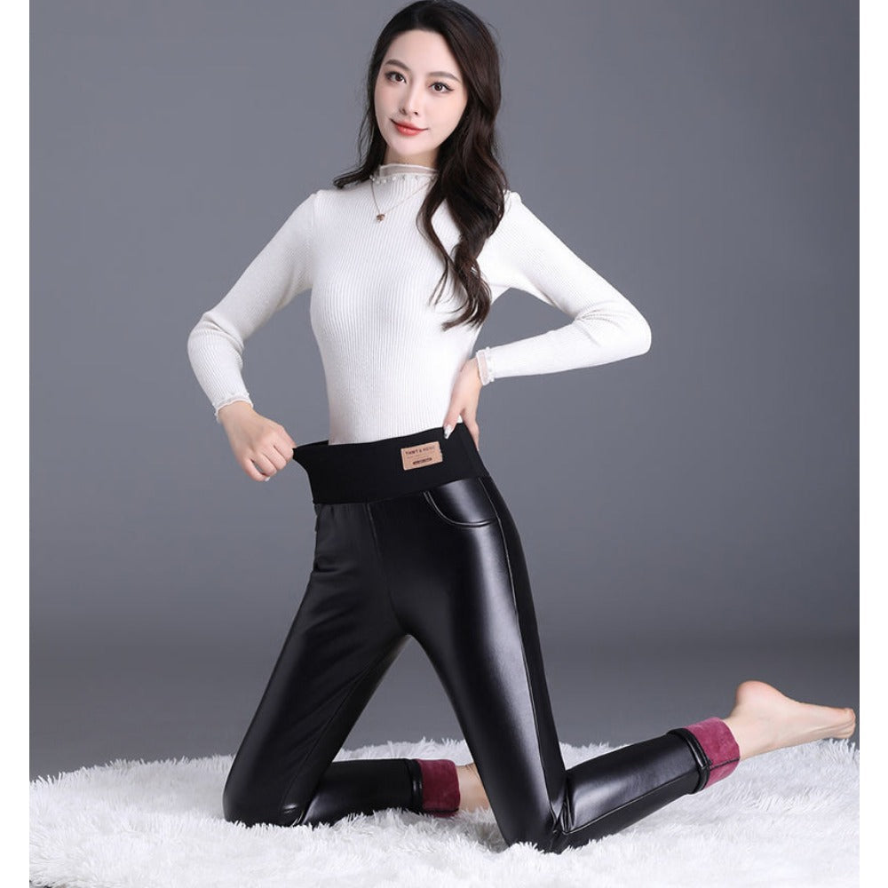 Black Fleece Lined Leggings with High Waistband for Women - Fatima