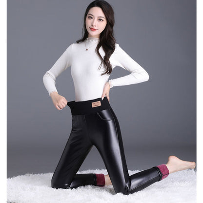 Black Fleece Lined Leggings with High Waistband for Women - Fatima