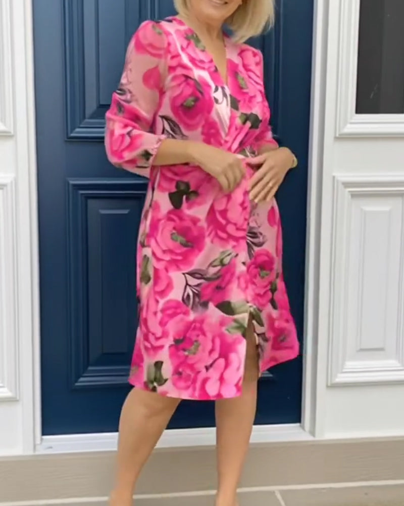 Kleid V-Ausschnitt Blumenprint Langärmlig