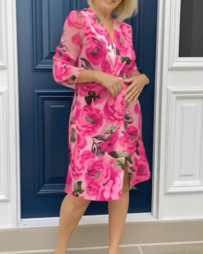 Kleid V-Ausschnitt Blumenprint Langärmlig