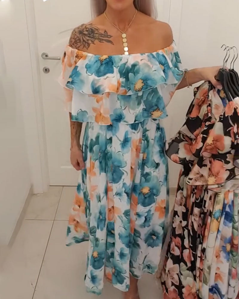 Kleid Aquarell Blumig Off-Shoulder Kuchen Lang