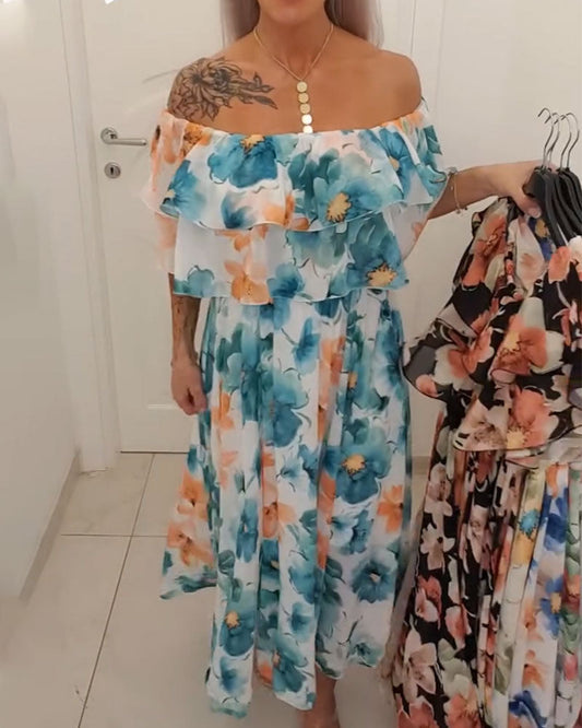 Kleid Aquarell Blumig Off-Shoulder Kuchen Lang