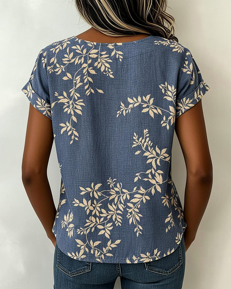 Bluse Blattprint Kurzarm Lässig