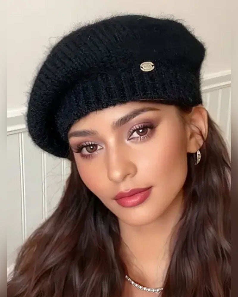 Damen Einfarbig Gestrickte Baskenmütze Beanie