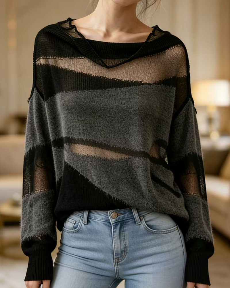 Pullover Kontrastfarbe Transparent Langarm Sweater