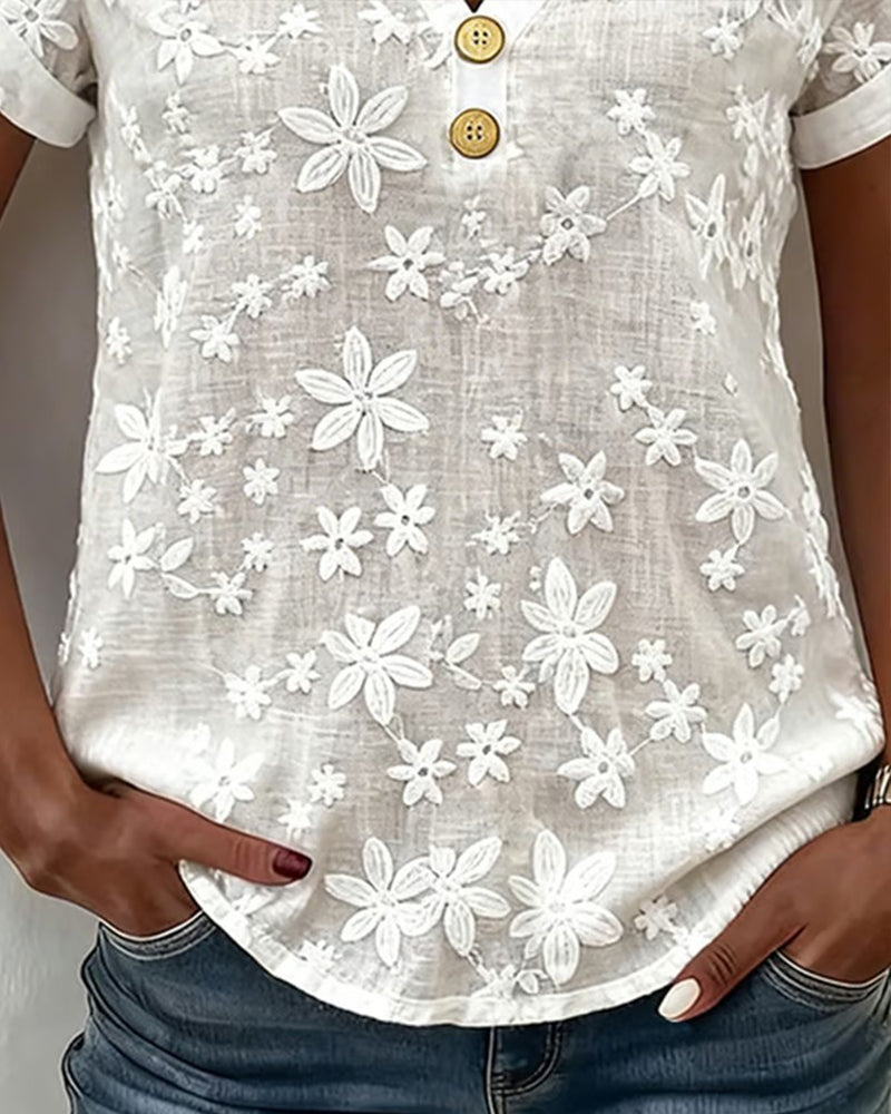 Bluse Unifarben 3D-Floral V-Ausschnitt