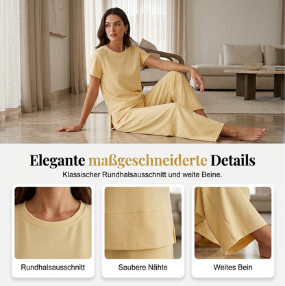 🔥50% Rabatt！❄️2026 Neuheit – heiß begehrt！🌿 Lounge Set mit Rundhals & weiter Hose – Baumwollmischung, atmungsaktiv, figurschmeichelnd – in Gelb & Blau (S–5XL)