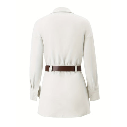 White Long Sleeve Button-Up Shirt Dress with Belt for Women - Flavia