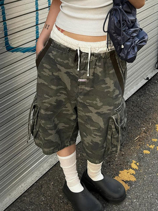 2000s Camouflage Kordelzug Dreidimensionaler Tasche Denim Shorts