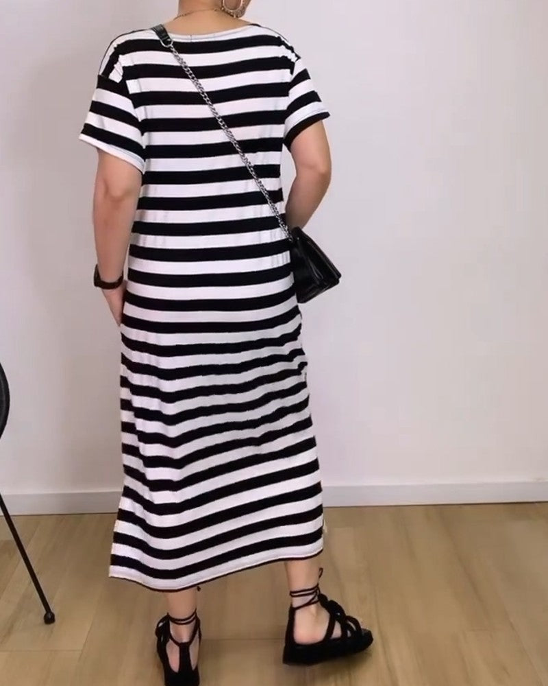 Kleid Locker Gerade Gestreift T-Shirt Lang