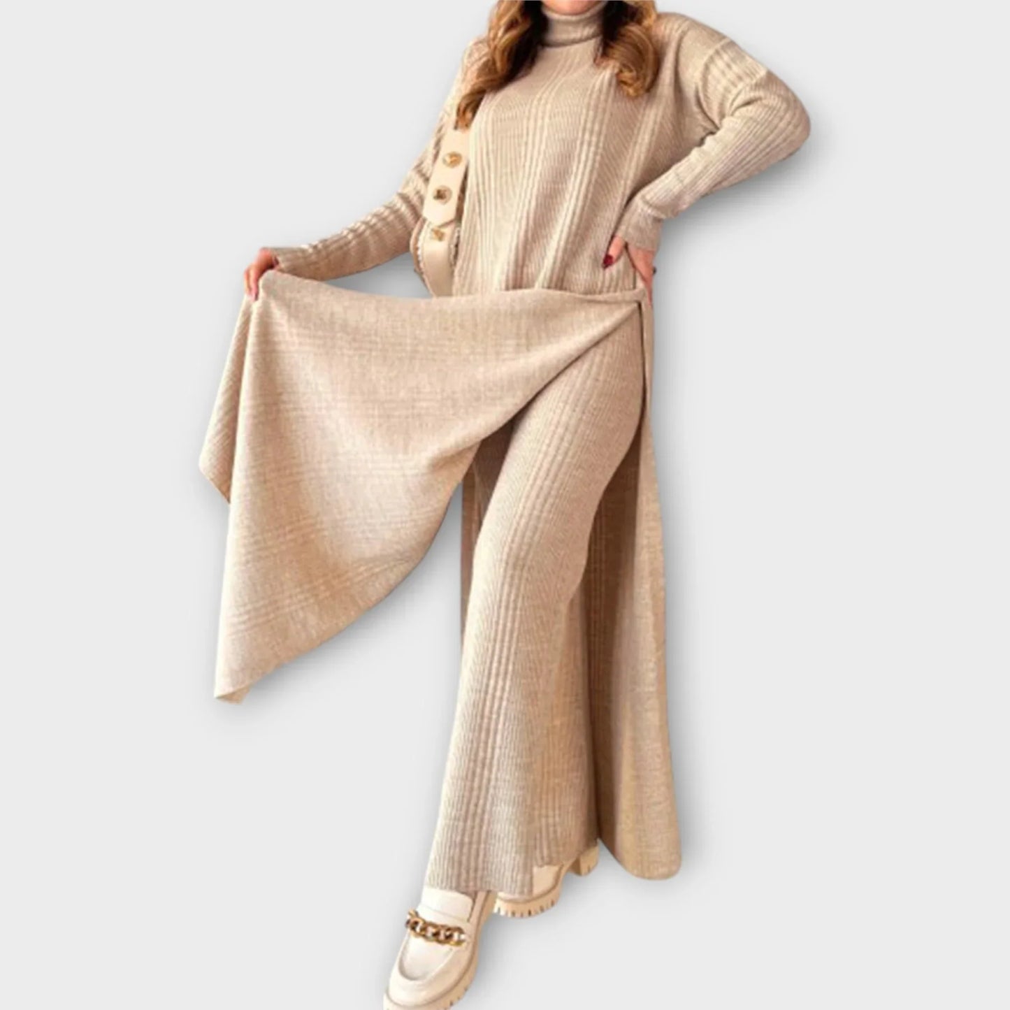 High-neck side-slit over-the-knee knit sweater and trousers Two-piece suit