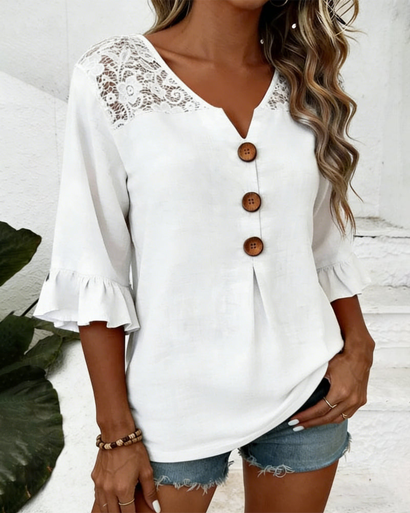 Bluse Rüsche V-Ausschnitt Spitze Patchwork