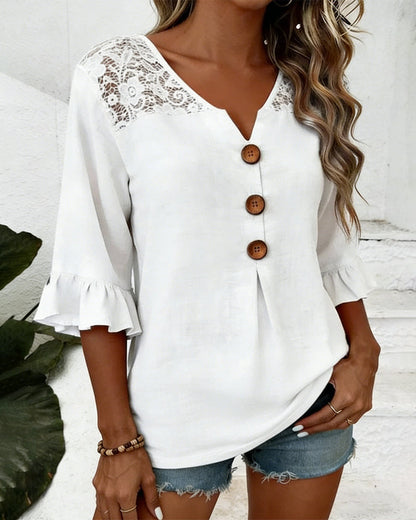 Bluse Rüsche V-Ausschnitt Spitze Patchwork