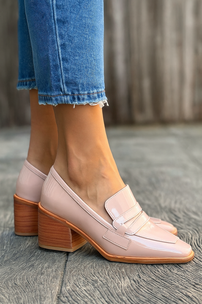 Square toe lacquered chunky mid-heel slip-on loafers