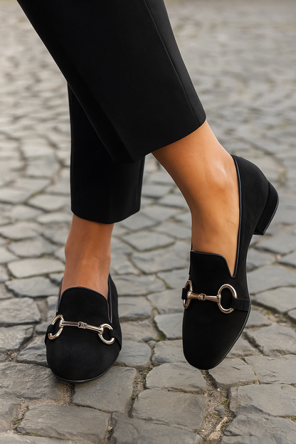 Soft suede metal buckle round toe loafers