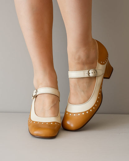 Color-blocked round-toe chunky heeled Mary Janes