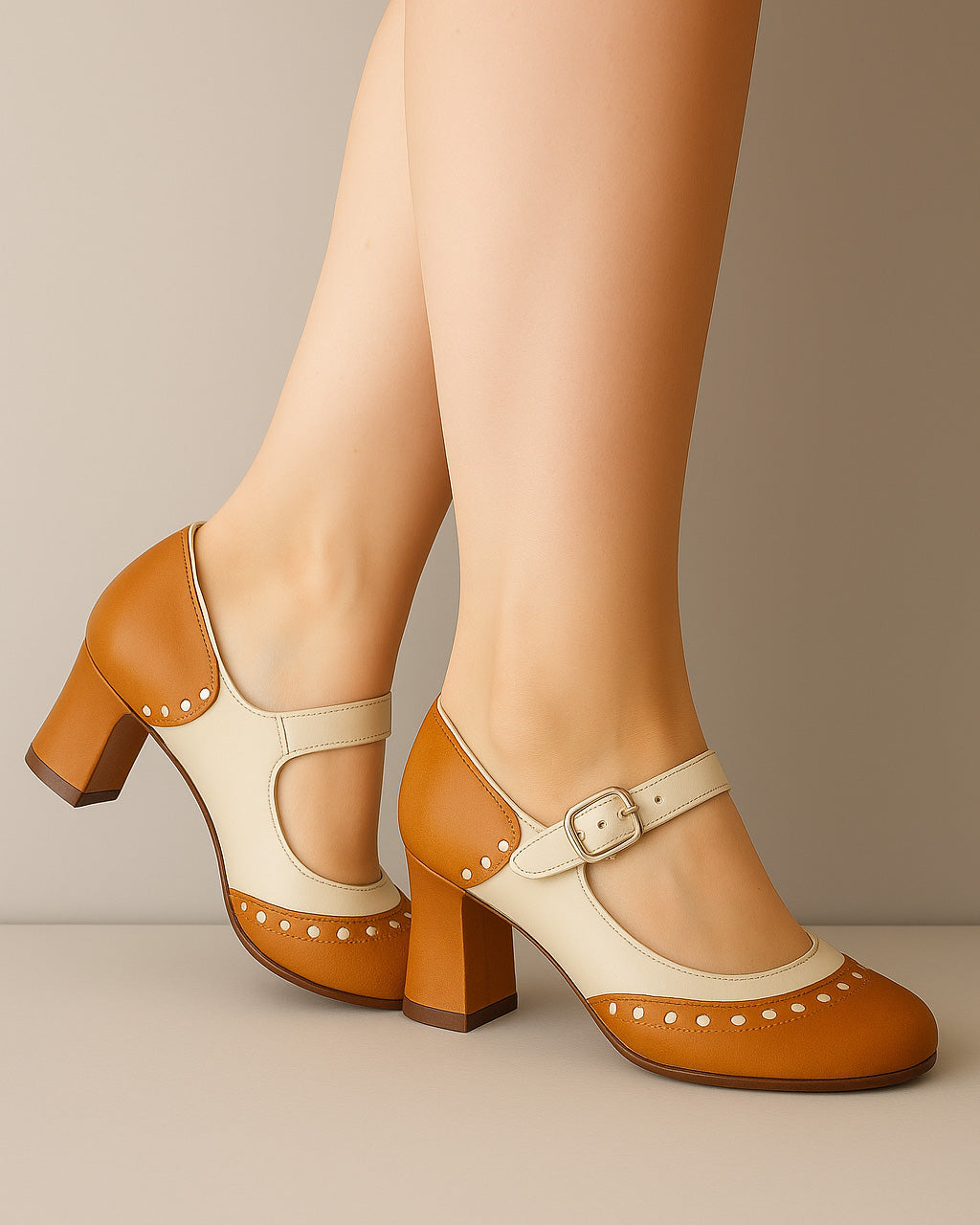 Color-blocked round-toe chunky heeled Mary Janes