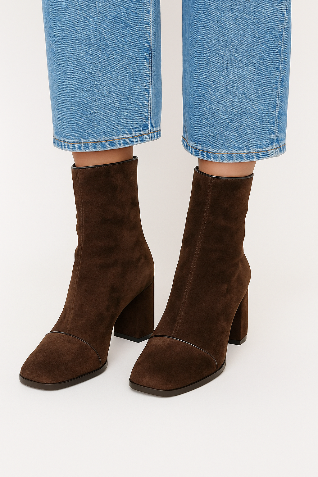 British style suede high-heeled low-top square toe boots