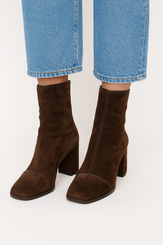 British style suede high-heeled low-top square toe boots
