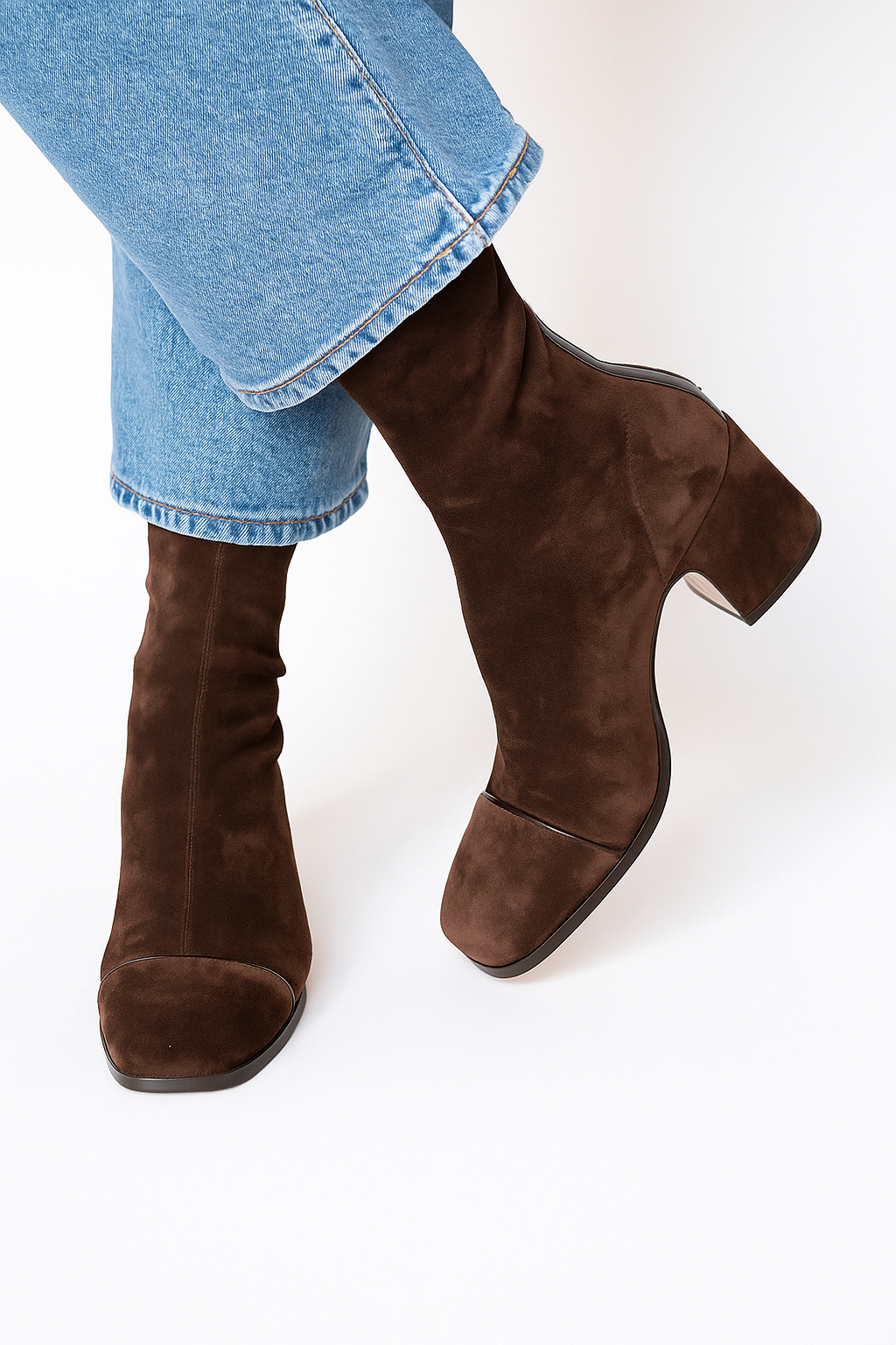 British style suede high-heeled low-top square toe boots
