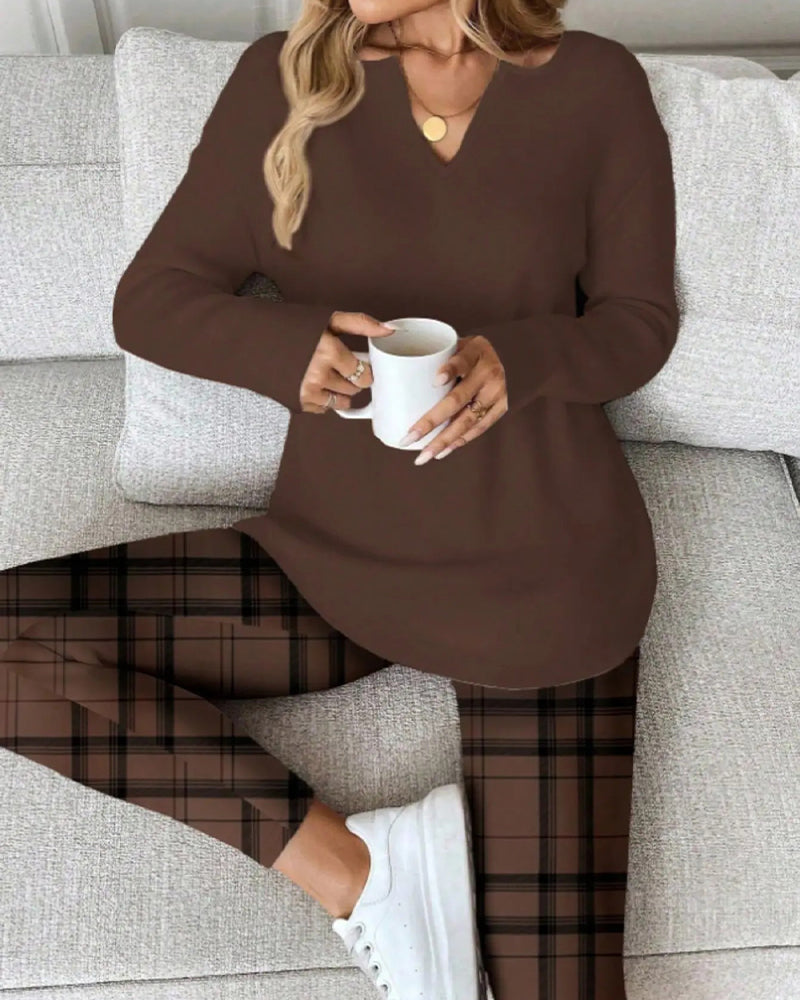 Set V-Ausschnitt Einfarbig Oberteil + Karo Hose Loungewear