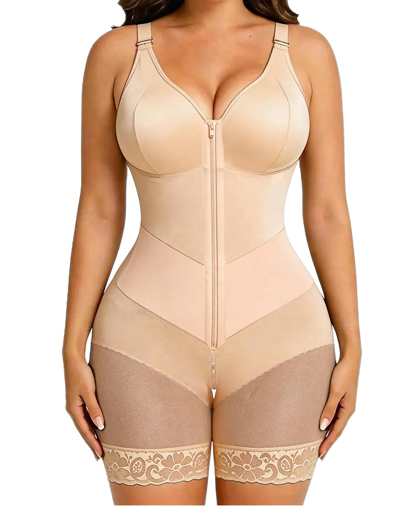 Damen Reißverschluss Spitze Bauchkontrolle Shapewear Bodysuit