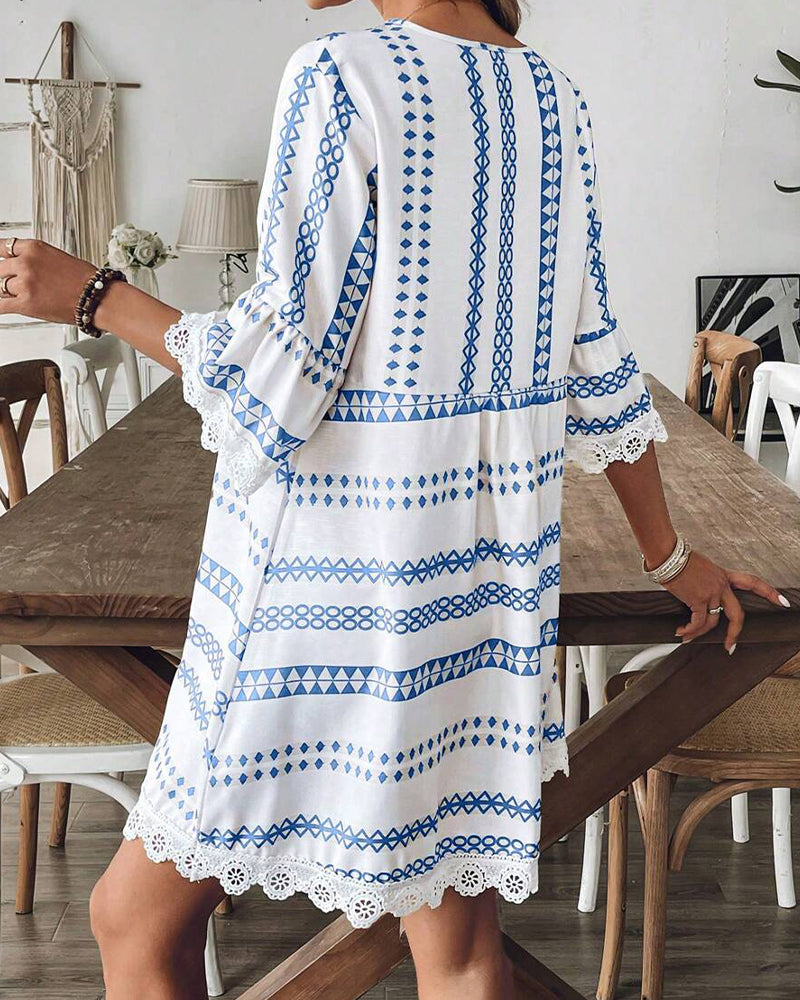 Kleid Geometrischer Print Ethno V-Ausschnitt Spitzenbesatz Kleid
