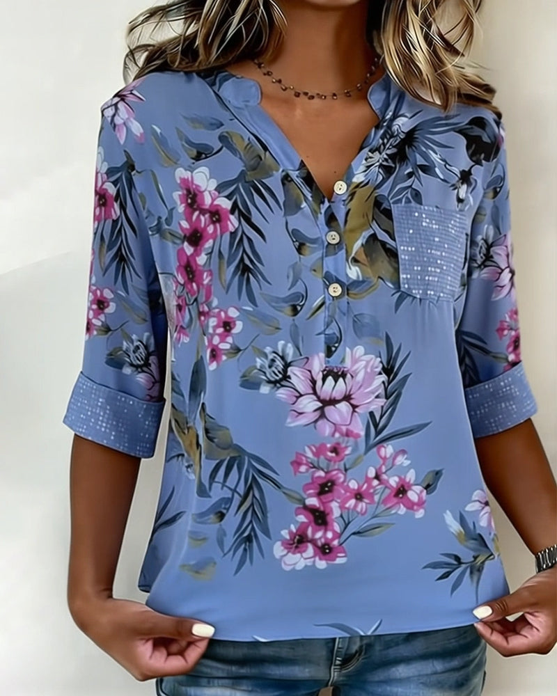 Bluse V-Ausschnitt Pailletten Floral