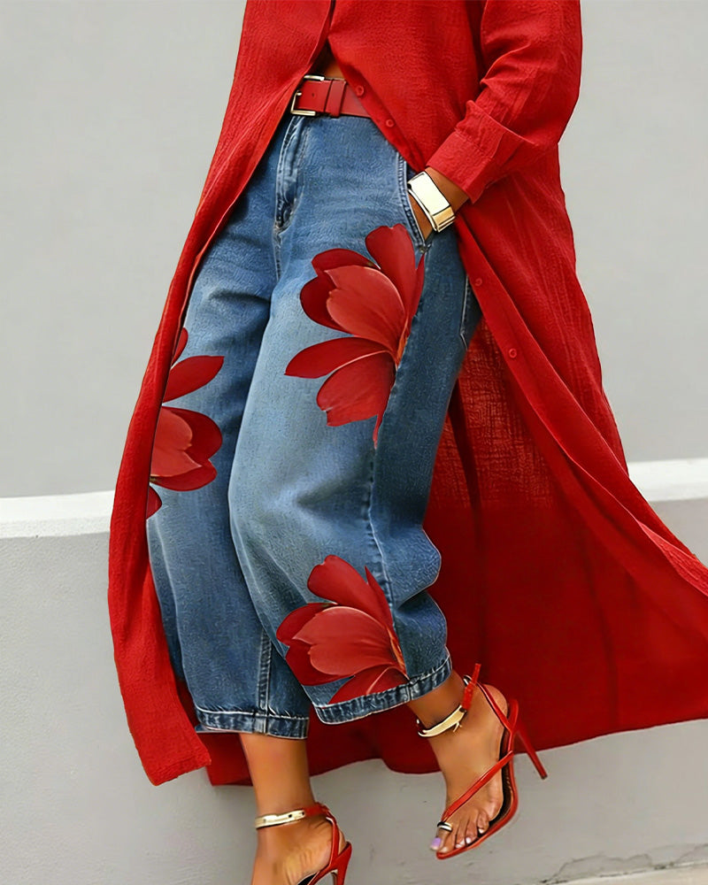 Jeans Rot Blumen Muster Kurze Weite Beine