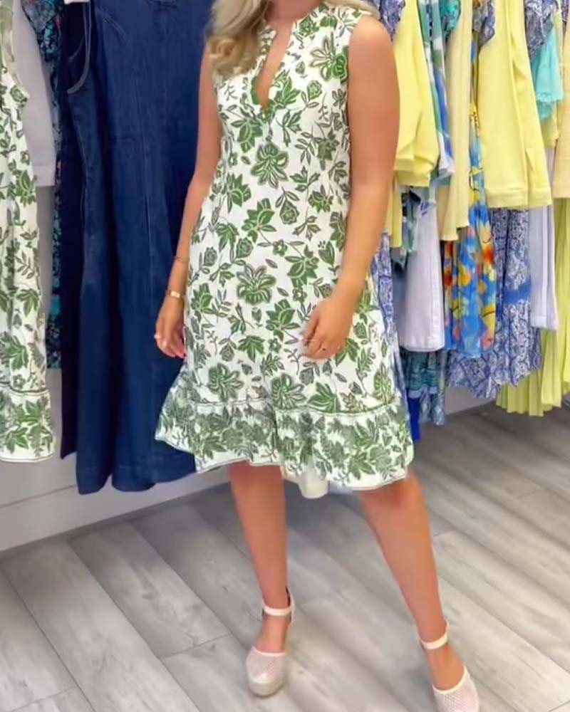 Kleid Ärmellos Blumen V-Ausschnitt
