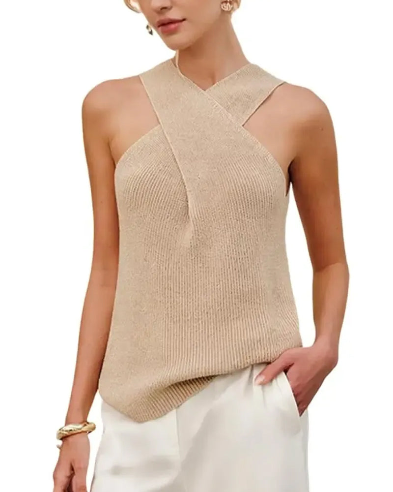 Top Damen Halter Cross Over Kragen Tanktop Strick ärmellos