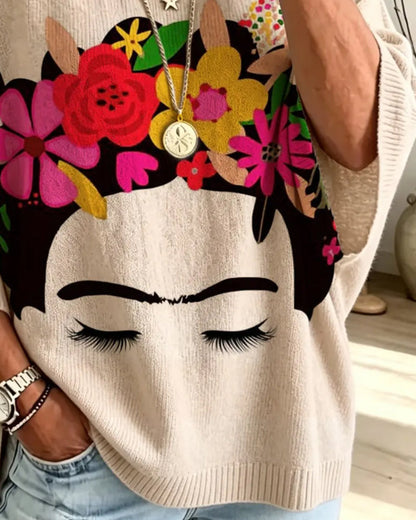 Loose Fit Gesicht Blumenprint Pullover