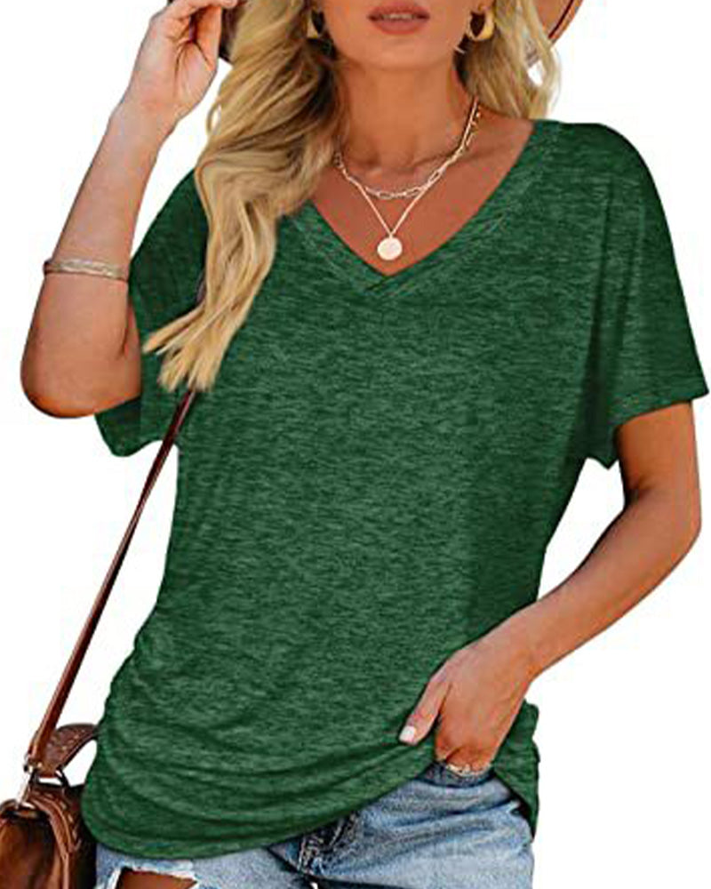 T-Shirt Plissiert Einfarbig V-Ausschnitt