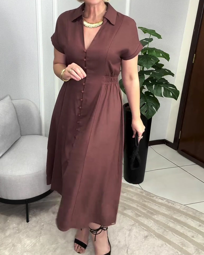Kleid Unifarben Knopfleiste Taille