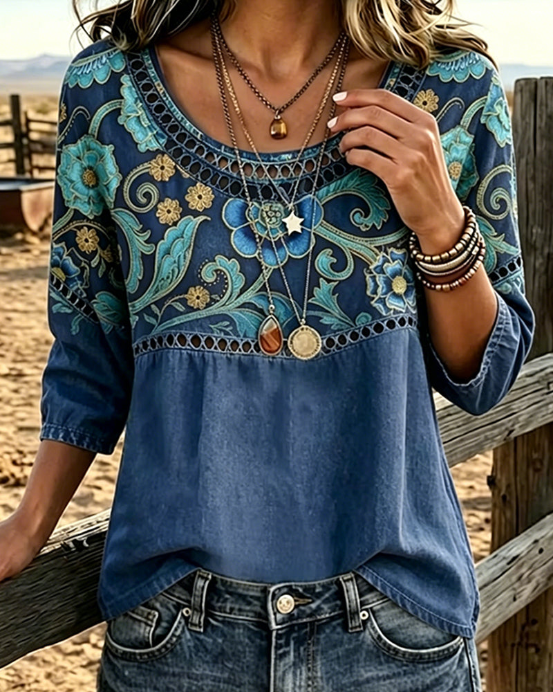 Bluse Hohl Aus Druck Vintage