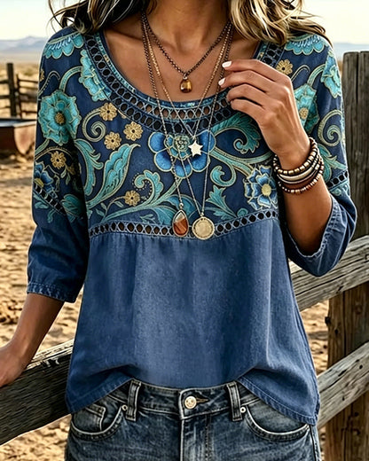 Bluse Hohl Aus Druck Vintage