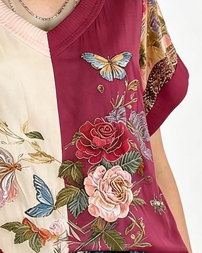 Bluse V-Ausschnitt Asymmetrisch Patchwork Blumen