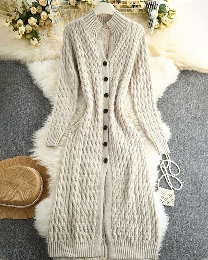 Strickjacke Stehkragen Zopf Knopf Lang